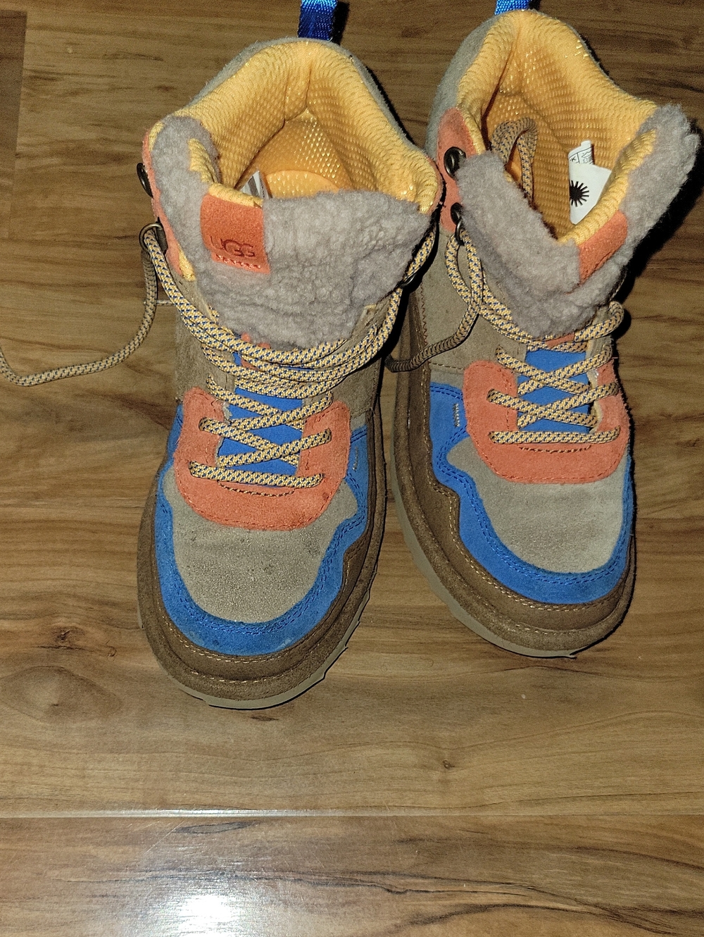 UGG Kids Tan Suede Lace-Up Boots with Blue and Orange Accents